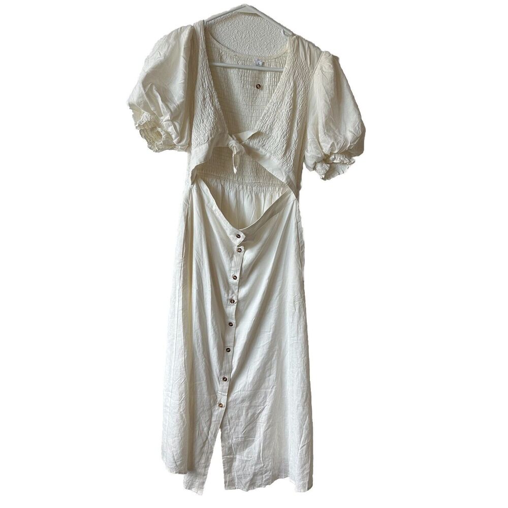 White Puff Sleeve Dress Halter Top Smocked Back Women's Large Tie Front Buttons